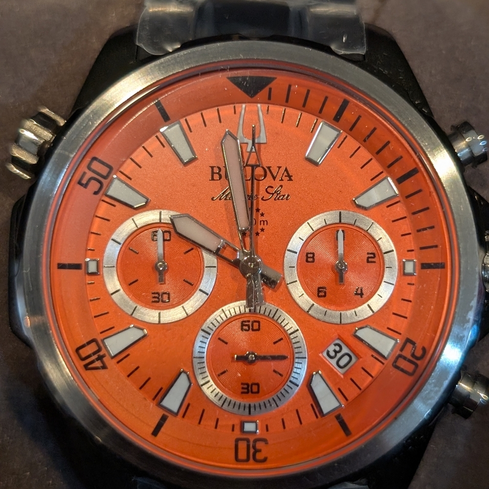 Bulova Men's Classic Orange Dial Chronograph Watch - 96B395 Rotating Inner Bezel